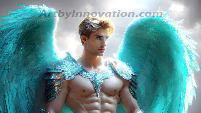 Male Angels of the Holy Divine - The Mighty & The Powerful: AI Fantasy Photos of Handsome Male Angels in Elegant Divine Armor, living in the golden city, with Vibrant Holy Wings. AI generated fantasy photos, of handsome male warrior angels, in divine armor with vibrant holy wings. Wearing ethereal or plate holy armor, and glistening golden gilded jewelry, emphasizing his god-like stature, vibrantly colored. Possessing grand feathered wings, that look like swords, these angel warriors are ready to battle on God's command. With men of all ages, races, and body types. In a city of gold, spiritual wonder city in the heavens, with ornate gold buildings, majestic gold architecture, ethereal cityscapes, and mystical waterfalls.
