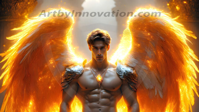 Male Angels of the Holy Divine - The Mighty & The Powerful: AI Fantasy Photos of Handsome Male Angels in Elegant Divine Armor, living in the golden city, with Vibrant Holy Wings. AI generated fantasy photos, of handsome male warrior angels, in divine armor with vibrant holy wings. Wearing ethereal or plate holy armor, and glistening golden gilded jewelry, emphasizing his god-like stature, vibrantly colored. Possessing grand feathered wings, that look like swords, these angel warriors are ready to battle on God's command. With men of all ages, races, and body types. In a city of gold, spiritual wonder city in the heavens, with ornate gold buildings, majestic gold architecture, ethereal cityscapes, and mystical waterfalls.