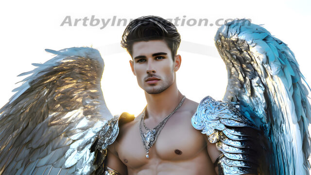 Male Angels of the Holy Divine - The Mighty & The Powerful: AI Fantasy Photos of Handsome Male Angels in Elegant Divine Armor, living in the golden city, with Vibrant Holy Wings. AI generated fantasy photos, of handsome male warrior angels, in divine armor with vibrant holy wings. Wearing ethereal or plate holy armor, and glistening golden gilded jewelry, emphasizing his god-like stature, vibrantly colored. Possessing grand feathered wings, that look like swords, these angel warriors are ready to battle on God's command. With men of all ages, races, and body types. In a city of gold, spiritual wonder city in the heavens, with ornate gold buildings, majestic gold architecture, ethereal cityscapes, and mystical waterfalls.