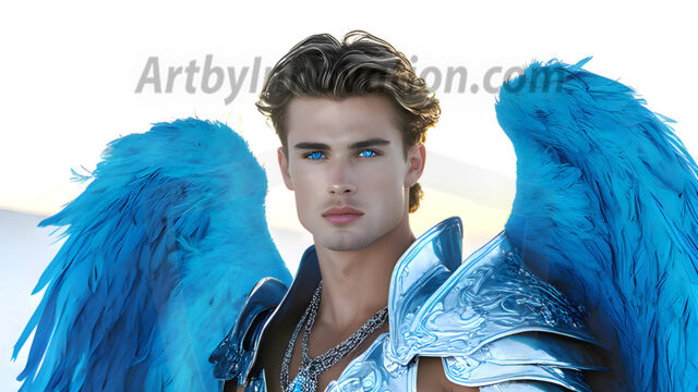 Male Angels of the Holy Divine - The Mighty & The Powerful: AI Fantasy Photos of Handsome Male Angels in Elegant Divine Armor, living in the golden city, with Vibrant Holy Wings. AI generated fantasy photos, of handsome male warrior angels, in divine armor with vibrant holy wings. Wearing ethereal or plate holy armor, and glistening golden gilded jewelry, emphasizing his god-like stature, vibrantly colored. Possessing grand feathered wings, that look like swords, these angel warriors are ready to battle on God's command. With men of all ages, races, and body types. In a city of gold, spiritual wonder city in the heavens, with ornate gold buildings, majestic gold architecture, ethereal cityscapes, and mystical waterfalls.