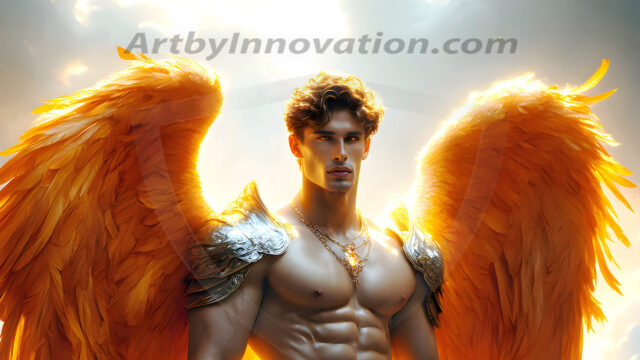 Male Angels of the Holy Divine - The Mighty & The Powerful: AI Fantasy Photos of Handsome Male Angels in Elegant Divine Armor, living in the golden city, with Vibrant Holy Wings. AI generated fantasy photos, of handsome male warrior angels, in divine armor with vibrant holy wings. Wearing ethereal or plate holy armor, and glistening golden gilded jewelry, emphasizing his god-like stature, vibrantly colored. Possessing grand feathered wings, that look like swords, these angel warriors are ready to battle on God's command. With men of all ages, races, and body types. In a city of gold, spiritual wonder city in the heavens, with ornate gold buildings, majestic gold architecture, ethereal cityscapes, and mystical waterfalls.