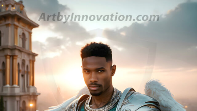 Male Angels of the Holy Divine - The Mighty & The Powerful: AI Fantasy Photos of Handsome Male Angels in Elegant Divine Armor, living in the golden city, with Vibrant Holy Wings. AI generated fantasy photos, of handsome male warrior angels, in divine armor with vibrant holy wings. Wearing ethereal or plate holy armor, and glistening golden gilded jewelry, emphasizing his god-like stature, vibrantly colored. Possessing grand feathered wings, that look like swords, these angel warriors are ready to battle on God's command. With men of all ages, races, and body types. In a city of gold, spiritual wonder city in the heavens, with ornate gold buildings, majestic gold architecture, ethereal cityscapes, and mystical waterfalls.