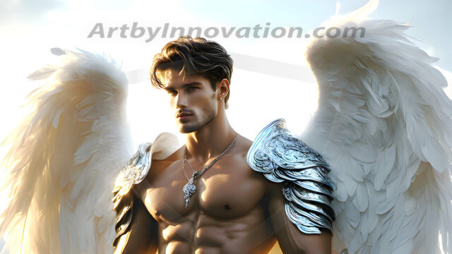 Male Angels of the Holy Divine - The Mighty & The Powerful: AI Fantasy Photos of Handsome Male Angels in Elegant Divine Armor, living in the golden city, with Vibrant Holy Wings. AI generated fantasy photos, of handsome male warrior angels, in divine armor with vibrant holy wings. Wearing ethereal or plate holy armor, and glistening golden gilded jewelry, emphasizing his god-like stature, vibrantly colored. Possessing grand feathered wings, that look like swords, these angel warriors are ready to battle on God's command. With men of all ages, races, and body types. In a city of gold, spiritual wonder city in the heavens, with ornate gold buildings, majestic gold architecture, ethereal cityscapes, and mystical waterfalls.
