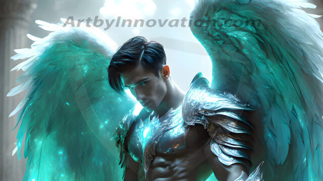 Male Angels of the Holy Divine - The Mighty & The Powerful: AI Fantasy Photos of Handsome Male Angels in Elegant Divine Armor, living in the golden city, with Vibrant Holy Wings. AI generated fantasy photos, of handsome male warrior angels, in divine armor with vibrant holy wings. Wearing ethereal or plate holy armor, and glistening golden gilded jewelry, emphasizing his god-like stature, vibrantly colored. Possessing grand feathered wings, that look like swords, these angel warriors are ready to battle on God's command. With men of all ages, races, and body types. In a city of gold, spiritual wonder city in the heavens, with ornate gold buildings, majestic gold architecture, ethereal cityscapes, and mystical waterfalls.