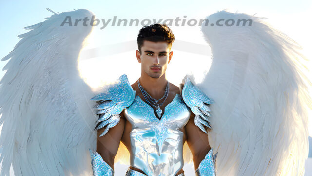 Male Angels of the Holy Divine - The Mighty & The Powerful: AI Fantasy Photos of Handsome Male Angels in Elegant Divine Armor, living in the golden city, with Vibrant Holy Wings. AI generated fantasy photos, of handsome male warrior angels, in divine armor with vibrant holy wings. Wearing ethereal or plate holy armor, and glistening golden gilded jewelry, emphasizing his god-like stature, vibrantly colored. Possessing grand feathered wings, that look like swords, these angel warriors are ready to battle on God's command. With men of all ages, races, and body types. In a city of gold, spiritual wonder city in the heavens, with ornate gold buildings, majestic gold architecture, ethereal cityscapes, and mystical waterfalls.