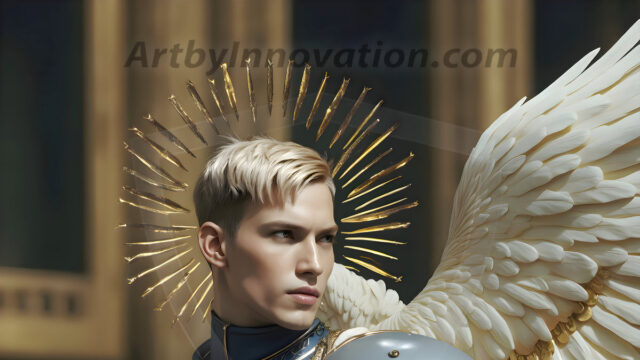 Male Angels of the Holy Divine - The Mighty & The Powerful: AI Fantasy Photos of Handsome Male Angels in Elegant Divine Armor, living in the golden city, with Vibrant Holy Wings. AI generated fantasy photos, of handsome male warrior angels, in divine armor with vibrant holy wings. Wearing ethereal or plate holy armor, and glistening golden gilded jewelry, emphasizing his god-like stature, vibrantly colored. Possessing grand feathered wings, that look like swords, these angel warriors are ready to battle on God's command. With men of all ages, races, and body types. In a city of gold, spiritual wonder city in the heavens, with ornate gold buildings, majestic gold architecture, ethereal cityscapes, and mystical waterfalls.