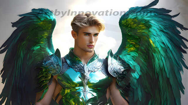 Male Angels of the Holy Divine - The Mighty & The Powerful: AI Fantasy Photos of Handsome Male Angels in Elegant Divine Armor, living in the golden city, with Vibrant Holy Wings. AI generated fantasy photos, of handsome male warrior angels, in divine armor with vibrant holy wings. Wearing ethereal or plate holy armor, and glistening golden gilded jewelry, emphasizing his god-like stature, vibrantly colored. Possessing grand feathered wings, that look like swords, these angel warriors are ready to battle on God's command. With men of all ages, races, and body types. In a city of gold, spiritual wonder city in the heavens, with ornate gold buildings, majestic gold architecture, ethereal cityscapes, and mystical waterfalls.