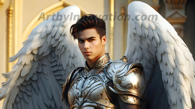 Male Angels of the Holy Divine - The Mighty & The Powerful: AI Fantasy Photos of Handsome Male Angels in Elegant Divine Armor, living in the golden city, with Vibrant Holy Wings. AI generated fantasy photos, of handsome male warrior angels, in divine armor with vibrant holy wings. Wearing ethereal or plate holy armor, and glistening golden gilded jewelry, emphasizing his god-like stature, vibrantly colored. Possessing grand feathered wings, that look like swords, these angel warriors are ready to battle on God's command. With men of all ages, races, and body types. In a city of gold, spiritual wonder city in the heavens, with ornate gold buildings, majestic gold architecture, ethereal cityscapes, and mystical waterfalls.