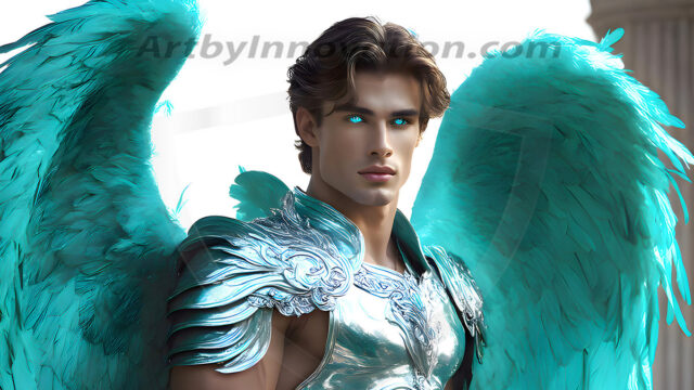 Male Angels of the Holy Divine - The Mighty & The Powerful: AI Fantasy Photos of Handsome Male Angels in Elegant Divine Armor, living in the golden city, with Vibrant Holy Wings. AI generated fantasy photos, of handsome male warrior angels, in divine armor with vibrant holy wings. Wearing ethereal or plate holy armor, and glistening golden gilded jewelry, emphasizing his god-like stature, vibrantly colored. Possessing grand feathered wings, that look like swords, these angel warriors are ready to battle on God's command. With men of all ages, races, and body types. In a city of gold, spiritual wonder city in the heavens, with ornate gold buildings, majestic gold architecture, ethereal cityscapes, and mystical waterfalls.