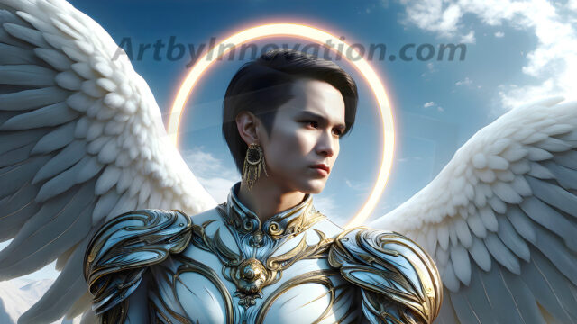 Male Angels of the Holy Divine - The Mighty & The Powerful: AI Fantasy Photos of Handsome Male Angels in Elegant Divine Armor, living in the golden city, with Vibrant Holy Wings. AI generated fantasy photos, of handsome male warrior angels, in divine armor with vibrant holy wings. Wearing ethereal or plate holy armor, and glistening golden gilded jewelry, emphasizing his god-like stature, vibrantly colored. Possessing grand feathered wings, that look like swords, these angel warriors are ready to battle on God's command. With men of all ages, races, and body types. In a city of gold, spiritual wonder city in the heavens, with ornate gold buildings, majestic gold architecture, ethereal cityscapes, and mystical waterfalls.