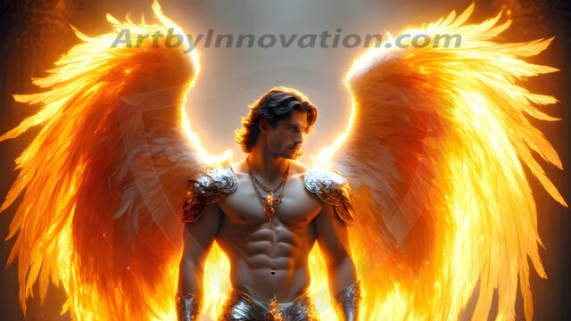 Male Angels of the Holy Divine - The Mighty & The Powerful: AI Fantasy Photos of Handsome Male Angels in Elegant Divine Armor, living in the golden city, with Vibrant Holy Wings. AI generated fantasy photos, of handsome male warrior angels, in divine armor with vibrant holy wings. Wearing ethereal or plate holy armor, and glistening golden gilded jewelry, emphasizing his god-like stature, vibrantly colored. Possessing grand feathered wings, that look like swords, these angel warriors are ready to battle on God's command. With men of all ages, races, and body types. In a city of gold, spiritual wonder city in the heavens, with ornate gold buildings, majestic gold architecture, ethereal cityscapes, and mystical waterfalls.