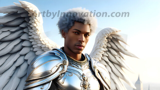 Male Angels of the Holy Divine - The Mighty & The Powerful: AI Fantasy Photos of Handsome Male Angels in Elegant Divine Armor, living in the golden city, with Vibrant Holy Wings. AI generated fantasy photos, of handsome male warrior angels, in divine armor with vibrant holy wings. Wearing ethereal or plate holy armor, and glistening golden gilded jewelry, emphasizing his god-like stature, vibrantly colored. Possessing grand feathered wings, that look like swords, these angel warriors are ready to battle on God's command. With men of all ages, races, and body types. In a city of gold, spiritual wonder city in the heavens, with ornate gold buildings, majestic gold architecture, ethereal cityscapes, and mystical waterfalls.