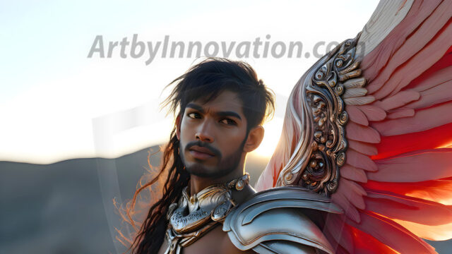 Male Angels of the Holy Divine - The Mighty & The Powerful: AI Fantasy Photos of Handsome Male Angels in Elegant Divine Armor, living in the golden city, with Vibrant Holy Wings. AI generated fantasy photos, of handsome male warrior angels, in divine armor with vibrant holy wings. Wearing ethereal or plate holy armor, and glistening golden gilded jewelry, emphasizing his god-like stature, vibrantly colored. Possessing grand feathered wings, that look like swords, these angel warriors are ready to battle on God's command. With men of all ages, races, and body types. In a city of gold, spiritual wonder city in the heavens, with ornate gold buildings, majestic gold architecture, ethereal cityscapes, and mystical waterfalls.