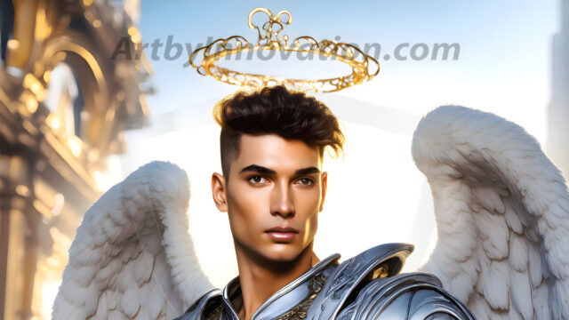 Male Angels of the Holy Divine - The Mighty & The Powerful: AI Fantasy Photos of Handsome Male Angels in Elegant Divine Armor, living in the golden city, with Vibrant Holy Wings. AI generated fantasy photos, of handsome male warrior angels, in divine armor with vibrant holy wings. Wearing ethereal or plate holy armor, and glistening golden gilded jewelry, emphasizing his god-like stature, vibrantly colored. Possessing grand feathered wings, that look like swords, these angel warriors are ready to battle on God's command. With men of all ages, races, and body types. In a city of gold, spiritual wonder city in the heavens, with ornate gold buildings, majestic gold architecture, ethereal cityscapes, and mystical waterfalls.