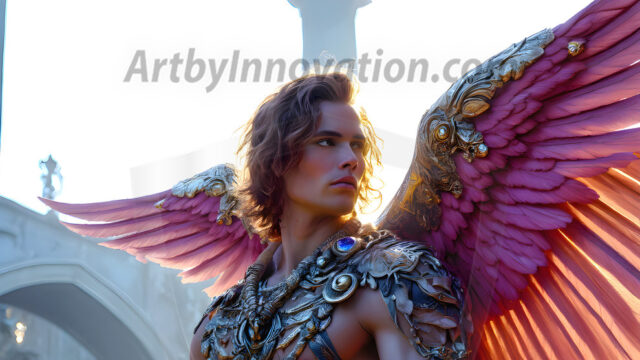 Male Angels of the Holy Divine - The Mighty & The Powerful: AI Fantasy Photos of Handsome Male Angels in Elegant Divine Armor, living in the golden city, with Vibrant Holy Wings. AI generated fantasy photos, of handsome male warrior angels, in divine armor with vibrant holy wings. Wearing ethereal or plate holy armor, and glistening golden gilded jewelry, emphasizing his god-like stature, vibrantly colored. Possessing grand feathered wings, that look like swords, these angel warriors are ready to battle on God's command. With men of all ages, races, and body types. In a city of gold, spiritual wonder city in the heavens, with ornate gold buildings, majestic gold architecture, ethereal cityscapes, and mystical waterfalls.