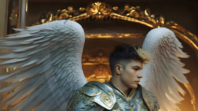 Male Angels of the Holy Divine - The Mighty & The Powerful: AI Fantasy Photos of Handsome Male Angels in Elegant Divine Armor, living in the golden city, with Vibrant Holy Wings. AI generated fantasy photos, of handsome male warrior angels, in divine armor with vibrant holy wings. Wearing ethereal or plate holy armor, and glistening golden gilded jewelry, emphasizing his god-like stature, vibrantly colored. Possessing grand feathered wings, that look like swords, these angel warriors are ready to battle on God's command. With men of all ages, races, and body types. In a city of gold, spiritual wonder city in the heavens, with ornate gold buildings, majestic gold architecture, ethereal cityscapes, and mystical waterfalls.