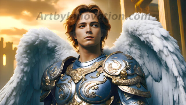Male Angels of the Holy Divine - The Mighty & The Powerful: AI Fantasy Photos of Handsome Male Angels in Elegant Divine Armor, living in the golden city, with Vibrant Holy Wings. AI generated fantasy photos, of handsome male warrior angels, in divine armor with vibrant holy wings. Wearing ethereal or plate holy armor, and glistening golden gilded jewelry, emphasizing his god-like stature, vibrantly colored. Possessing grand feathered wings, that look like swords, these angel warriors are ready to battle on God's command. With men of all ages, races, and body types. In a city of gold, spiritual wonder city in the heavens, with ornate gold buildings, majestic gold architecture, ethereal cityscapes, and mystical waterfalls.