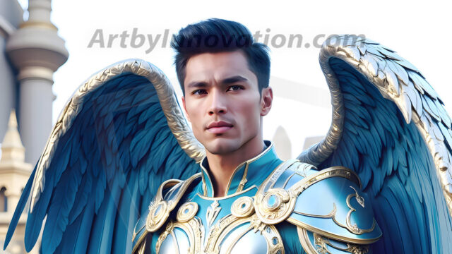 Male Angels of the Holy Divine - The Mighty & The Powerful: AI Fantasy Photos of Handsome Male Angels in Elegant Divine Armor, living in the golden city, with Vibrant Holy Wings. AI generated fantasy photos, of handsome male warrior angels, in divine armor with vibrant holy wings. Wearing ethereal or plate holy armor, and glistening golden gilded jewelry, emphasizing his god-like stature, vibrantly colored. Possessing grand feathered wings, that look like swords, these angel warriors are ready to battle on God's command. With men of all ages, races, and body types. In a city of gold, spiritual wonder city in the heavens, with ornate gold buildings, majestic gold architecture, ethereal cityscapes, and mystical waterfalls.