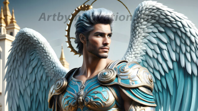 Male Angels of the Holy Divine - The Mighty & The Powerful: AI Fantasy Photos of Handsome Male Angels in Elegant Divine Armor, living in the golden city, with Vibrant Holy Wings. AI generated fantasy photos, of handsome male warrior angels, in divine armor with vibrant holy wings. Wearing ethereal or plate holy armor, and glistening golden gilded jewelry, emphasizing his god-like stature, vibrantly colored. Possessing grand feathered wings, that look like swords, these angel warriors are ready to battle on God's command. With men of all ages, races, and body types. In a city of gold, spiritual wonder city in the heavens, with ornate gold buildings, majestic gold architecture, ethereal cityscapes, and mystical waterfalls.