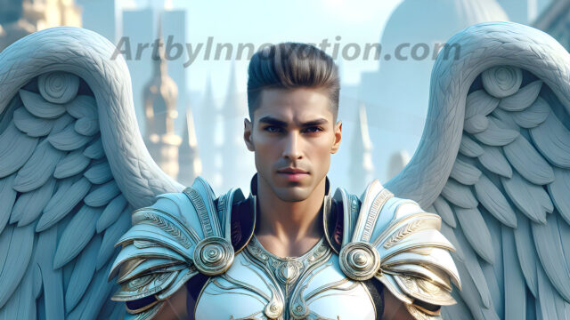 Male Angels of the Holy Divine - The Mighty & The Powerful: AI Fantasy Photos of Handsome Male Angels in Elegant Divine Armor, living in the golden city, with Vibrant Holy Wings. AI generated fantasy photos, of handsome male warrior angels, in divine armor with vibrant holy wings. Wearing ethereal or plate holy armor, and glistening golden gilded jewelry, emphasizing his god-like stature, vibrantly colored. Possessing grand feathered wings, that look like swords, these angel warriors are ready to battle on God's command. With men of all ages, races, and body types. In a city of gold, spiritual wonder city in the heavens, with ornate gold buildings, majestic gold architecture, ethereal cityscapes, and mystical waterfalls.