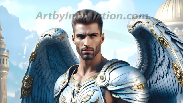 Male Angels of the Holy Divine - The Mighty & The Powerful: AI Fantasy Photos of Handsome Male Angels in Elegant Divine Armor, living in the golden city, with Vibrant Holy Wings. AI generated fantasy photos, of handsome male warrior angels, in divine armor with vibrant holy wings. Wearing ethereal or plate holy armor, and glistening golden gilded jewelry, emphasizing his god-like stature, vibrantly colored. Possessing grand feathered wings, that look like swords, these angel warriors are ready to battle on God's command. With men of all ages, races, and body types. In a city of gold, spiritual wonder city in the heavens, with ornate gold buildings, majestic gold architecture, ethereal cityscapes, and mystical waterfalls.