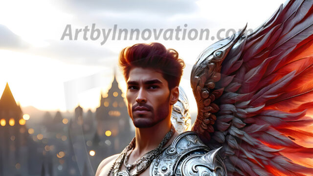 Male Angels of the Holy Divine - The Mighty & The Powerful: AI Fantasy Photos of Handsome Male Angels in Elegant Divine Armor, living in the golden city, with Vibrant Holy Wings. AI generated fantasy photos, of handsome male warrior angels, in divine armor with vibrant holy wings. Wearing ethereal or plate holy armor, and glistening golden gilded jewelry, emphasizing his god-like stature, vibrantly colored. Possessing grand feathered wings, that look like swords, these angel warriors are ready to battle on God's command. With men of all ages, races, and body types. In a city of gold, spiritual wonder city in the heavens, with ornate gold buildings, majestic gold architecture, ethereal cityscapes, and mystical waterfalls.