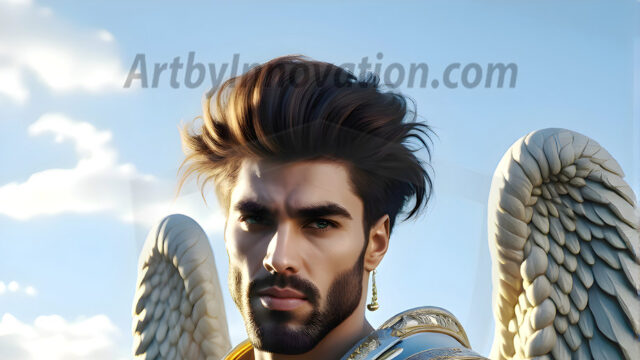 Male Angels of the Holy Divine - The Mighty & The Powerful: AI Fantasy Photos of Handsome Male Angels in Elegant Divine Armor, living in the golden city, with Vibrant Holy Wings. AI generated fantasy photos, of handsome male warrior angels, in divine armor with vibrant holy wings. Wearing ethereal or plate holy armor, and glistening golden gilded jewelry, emphasizing his god-like stature, vibrantly colored. Possessing grand feathered wings, that look like swords, these angel warriors are ready to battle on God's command. With men of all ages, races, and body types. In a city of gold, spiritual wonder city in the heavens, with ornate gold buildings, majestic gold architecture, ethereal cityscapes, and mystical waterfalls.