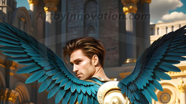 Male Angels of the Holy Divine - The Mighty & The Powerful: AI Fantasy Photos of Handsome Male Angels in Elegant Divine Armor, living in the golden city, with Vibrant Holy Wings. AI generated fantasy photos, of handsome male warrior angels, in divine armor with vibrant holy wings. Wearing ethereal or plate holy armor, and glistening golden gilded jewelry, emphasizing his god-like stature, vibrantly colored. Possessing grand feathered wings, that look like swords, these angel warriors are ready to battle on God's command. With men of all ages, races, and body types. In a city of gold, spiritual wonder city in the heavens, with ornate gold buildings, majestic gold architecture, ethereal cityscapes, and mystical waterfalls.