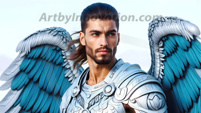 Male Angels of the Holy Divine - The Mighty & The Powerful: AI Fantasy Photos of Handsome Male Angels in Elegant Divine Armor, living in the golden city, with Vibrant Holy Wings. AI generated fantasy photos, of handsome male warrior angels, in divine armor with vibrant holy wings. Wearing ethereal or plate holy armor, and glistening golden gilded jewelry, emphasizing his god-like stature, vibrantly colored. Possessing grand feathered wings, that look like swords, these angel warriors are ready to battle on God's command. With men of all ages, races, and body types. In a city of gold, spiritual wonder city in the heavens, with ornate gold buildings, majestic gold architecture, ethereal cityscapes, and mystical waterfalls.