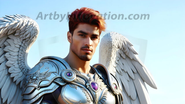 Male Angels of the Holy Divine - The Mighty & The Powerful: AI Fantasy Photos of Handsome Male Angels in Elegant Divine Armor, living in the golden city, with Vibrant Holy Wings. AI generated fantasy photos, of handsome male warrior angels, in divine armor with vibrant holy wings. Wearing ethereal or plate holy armor, and glistening golden gilded jewelry, emphasizing his god-like stature, vibrantly colored. Possessing grand feathered wings, that look like swords, these angel warriors are ready to battle on God's command. With men of all ages, races, and body types. In a city of gold, spiritual wonder city in the heavens, with ornate gold buildings, majestic gold architecture, ethereal cityscapes, and mystical waterfalls.