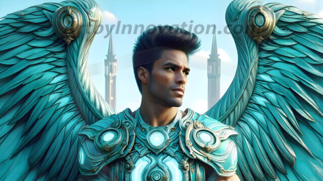 Male Angels of the Holy Divine - The Mighty & The Powerful: AI Fantasy Photos of Handsome Male Angels in Elegant Divine Armor, living in the golden city, with Vibrant Holy Wings. AI generated fantasy photos, of handsome male warrior angels, in divine armor with vibrant holy wings. Wearing ethereal or plate holy armor, and glistening golden gilded jewelry, emphasizing his god-like stature, vibrantly colored. Possessing grand feathered wings, that look like swords, these angel warriors are ready to battle on God's command. With men of all ages, races, and body types. In a city of gold, spiritual wonder city in the heavens, with ornate gold buildings, majestic gold architecture, ethereal cityscapes, and mystical waterfalls.