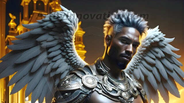 Male Angels of the Holy Divine - The Mighty & The Powerful: AI Fantasy Photos of Handsome Male Angels in Elegant Divine Armor, living in the golden city, with Vibrant Holy Wings. AI generated fantasy photos, of handsome male warrior angels, in divine armor with vibrant holy wings. Wearing ethereal or plate holy armor, and glistening golden gilded jewelry, emphasizing his god-like stature, vibrantly colored. Possessing grand feathered wings, that look like swords, these angel warriors are ready to battle on God's command. With men of all ages, races, and body types. In a city of gold, spiritual wonder city in the heavens, with ornate gold buildings, majestic gold architecture, ethereal cityscapes, and mystical waterfalls.