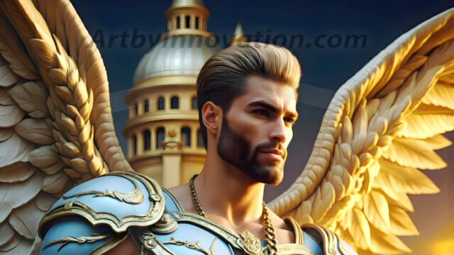 Male Angels of the Holy Divine - The Mighty & The Powerful: AI Fantasy Photos of Handsome Male Angels in Elegant Divine Armor, living in the golden city, with Vibrant Holy Wings. AI generated fantasy photos, of handsome male warrior angels, in divine armor with vibrant holy wings. Wearing ethereal or plate holy armor, and glistening golden gilded jewelry, emphasizing his god-like stature, vibrantly colored. Possessing grand feathered wings, that look like swords, these angel warriors are ready to battle on God's command. With men of all ages, races, and body types. In a city of gold, spiritual wonder city in the heavens, with ornate gold buildings, majestic gold architecture, ethereal cityscapes, and mystical waterfalls.