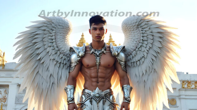 Male Angels of the Holy Divine - The Mighty & The Powerful: AI Fantasy Photos of Handsome Male Angels in Elegant Divine Armor, living in the golden city, with Vibrant Holy Wings. AI generated fantasy photos, of handsome male warrior angels, in divine armor with vibrant holy wings. Wearing ethereal or plate holy armor, and glistening golden gilded jewelry, emphasizing his god-like stature, vibrantly colored. Possessing grand feathered wings, that look like swords, these angel warriors are ready to battle on God's command. With men of all ages, races, and body types. In a city of gold, spiritual wonder city in the heavens, with ornate gold buildings, majestic gold architecture, ethereal cityscapes, and mystical waterfalls.