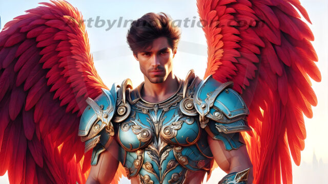Male Angels of the Holy Divine - The Mighty & The Powerful: AI Fantasy Photos of Handsome Male Angels in Elegant Divine Armor, living in the golden city, with Vibrant Holy Wings. AI generated fantasy photos, of handsome male warrior angels, in divine armor with vibrant holy wings. Wearing ethereal or plate holy armor, and glistening golden gilded jewelry, emphasizing his god-like stature, vibrantly colored. Possessing grand feathered wings, that look like swords, these angel warriors are ready to battle on God's command. With men of all ages, races, and body types. In a city of gold, spiritual wonder city in the heavens, with ornate gold buildings, majestic gold architecture, ethereal cityscapes, and mystical waterfalls.