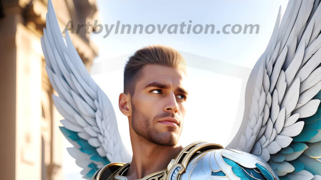 Male Angels of the Holy Divine - The Mighty & The Powerful: AI Fantasy Photos of Handsome Male Angels in Elegant Divine Armor, living in the golden city, with Vibrant Holy Wings. AI generated fantasy photos, of handsome male warrior angels, in divine armor with vibrant holy wings. Wearing ethereal or plate holy armor, and glistening golden gilded jewelry, emphasizing his god-like stature, vibrantly colored. Possessing grand feathered wings, that look like swords, these angel warriors are ready to battle on God's command. With men of all ages, races, and body types. In a city of gold, spiritual wonder city in the heavens, with ornate gold buildings, majestic gold architecture, ethereal cityscapes, and mystical waterfalls.