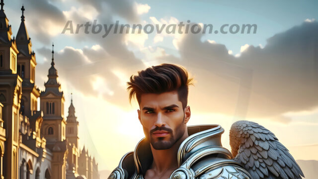 Male Angels of the Holy Divine - The Mighty & The Powerful: AI Fantasy Photos of Handsome Male Angels in Elegant Divine Armor, living in the golden city, with Vibrant Holy Wings. AI generated fantasy photos, of handsome male warrior angels, in divine armor with vibrant holy wings. Wearing ethereal or plate holy armor, and glistening golden gilded jewelry, emphasizing his god-like stature, vibrantly colored. Possessing grand feathered wings, that look like swords, these angel warriors are ready to battle on God's command. With men of all ages, races, and body types. In a city of gold, spiritual wonder city in the heavens, with ornate gold buildings, majestic gold architecture, ethereal cityscapes, and mystical waterfalls.