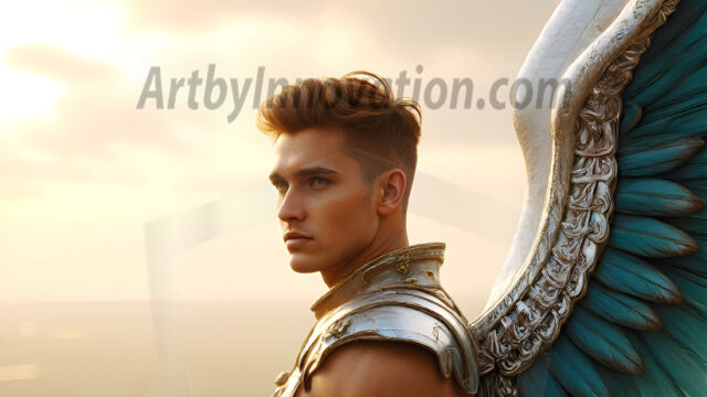 Male Angels of the Holy Divine - The Mighty & The Powerful: AI Fantasy Photos of Handsome Male Angels in Elegant Divine Armor, living in the golden city, with Vibrant Holy Wings. AI generated fantasy photos, of handsome male warrior angels, in divine armor with vibrant holy wings. Wearing ethereal or plate holy armor, and glistening golden gilded jewelry, emphasizing his god-like stature, vibrantly colored. Possessing grand feathered wings, that look like swords, these angel warriors are ready to battle on God's command. With men of all ages, races, and body types. In a city of gold, spiritual wonder city in the heavens, with ornate gold buildings, majestic gold architecture, ethereal cityscapes, and mystical waterfalls.