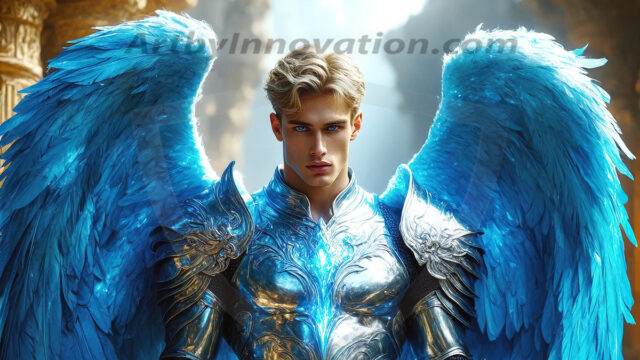 Male Angels of the Holy Divine - The Mighty & The Powerful: AI Fantasy Photos of Handsome Male Angels in Elegant Divine Armor, living in the golden city, with Vibrant Holy Wings. AI generated fantasy photos, of handsome male warrior angels, in divine armor with vibrant holy wings. Wearing ethereal or plate holy armor, and glistening golden gilded jewelry, emphasizing his god-like stature, vibrantly colored. Possessing grand feathered wings, that look like swords, these angel warriors are ready to battle on God's command. With men of all ages, races, and body types. In a city of gold, spiritual wonder city in the heavens, with ornate gold buildings, majestic gold architecture, ethereal cityscapes, and mystical waterfalls.