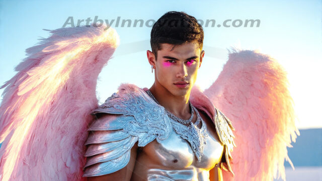 Male Angels of the Holy Divine - The Mighty & The Powerful: AI Fantasy Photos of Handsome Male Angels in Elegant Divine Armor, living in the golden city, with Vibrant Holy Wings. AI generated fantasy photos, of handsome male warrior angels, in divine armor with vibrant holy wings. Wearing ethereal or plate holy armor, and glistening golden gilded jewelry, emphasizing his god-like stature, vibrantly colored. Possessing grand feathered wings, that look like swords, these angel warriors are ready to battle on God's command. With men of all ages, races, and body types. In a city of gold, spiritual wonder city in the heavens, with ornate gold buildings, majestic gold architecture, ethereal cityscapes, and mystical waterfalls.