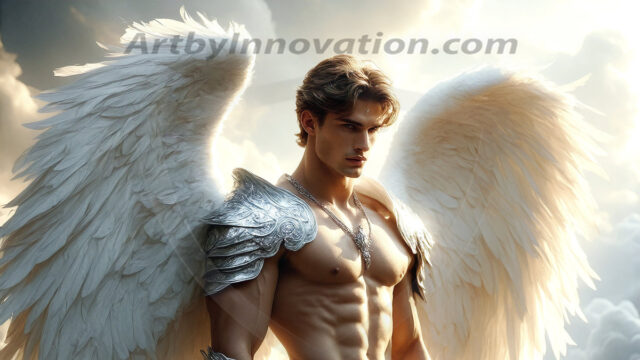 Male Angels of the Holy Divine - The Mighty & The Powerful: AI Fantasy Photos of Handsome Male Angels in Elegant Divine Armor, living in the golden city, with Vibrant Holy Wings. AI generated fantasy photos, of handsome male warrior angels, in divine armor with vibrant holy wings. Wearing ethereal or plate holy armor, and glistening golden gilded jewelry, emphasizing his god-like stature, vibrantly colored. Possessing grand feathered wings, that look like swords, these angel warriors are ready to battle on God's command. With men of all ages, races, and body types. In a city of gold, spiritual wonder city in the heavens, with ornate gold buildings, majestic gold architecture, ethereal cityscapes, and mystical waterfalls.