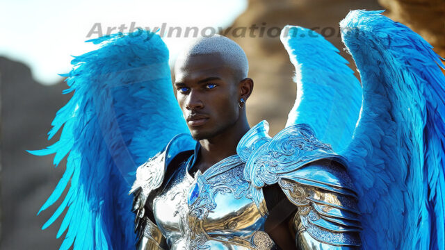 Male Angels of the Holy Divine - The Mighty & The Powerful: AI Fantasy Photos of Handsome Male Angels in Elegant Divine Armor, living in the golden city, with Vibrant Holy Wings. AI generated fantasy photos, of handsome male warrior angels, in divine armor with vibrant holy wings. Wearing ethereal or plate holy armor, and glistening golden gilded jewelry, emphasizing his god-like stature, vibrantly colored. Possessing grand feathered wings, that look like swords, these angel warriors are ready to battle on God's command. With men of all ages, races, and body types. In a city of gold, spiritual wonder city in the heavens, with ornate gold buildings, majestic gold architecture, ethereal cityscapes, and mystical waterfalls.