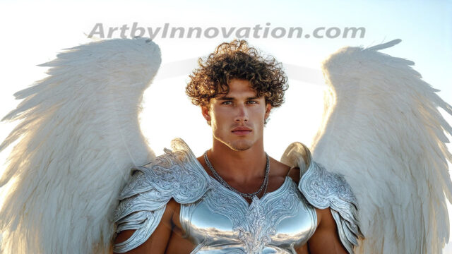 Male Angels of the Holy Divine - The Mighty & The Powerful: AI Fantasy Photos of Handsome Male Angels in Elegant Divine Armor, living in the golden city, with Vibrant Holy Wings. AI generated fantasy photos, of handsome male warrior angels, in divine armor with vibrant holy wings. Wearing ethereal or plate holy armor, and glistening golden gilded jewelry, emphasizing his god-like stature, vibrantly colored. Possessing grand feathered wings, that look like swords, these angel warriors are ready to battle on God's command. With men of all ages, races, and body types. In a city of gold, spiritual wonder city in the heavens, with ornate gold buildings, majestic gold architecture, ethereal cityscapes, and mystical waterfalls.