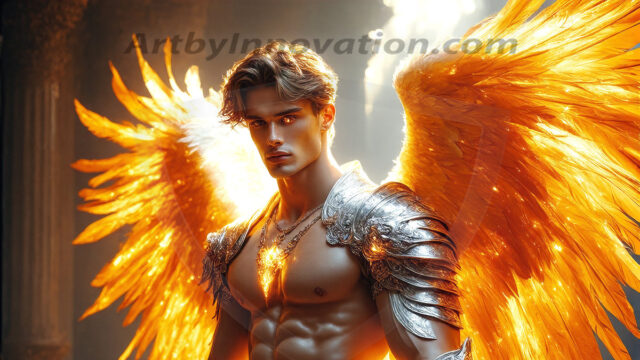 Male Angels of the Holy Divine - The Mighty & The Powerful: AI Fantasy Photos of Handsome Male Angels in Elegant Divine Armor, living in the golden city, with Vibrant Holy Wings. AI generated fantasy photos, of handsome male warrior angels, in divine armor with vibrant holy wings. Wearing ethereal or plate holy armor, and glistening golden gilded jewelry, emphasizing his god-like stature, vibrantly colored. Possessing grand feathered wings, that look like swords, these angel warriors are ready to battle on God's command. With men of all ages, races, and body types. In a city of gold, spiritual wonder city in the heavens, with ornate gold buildings, majestic gold architecture, ethereal cityscapes, and mystical waterfalls.
