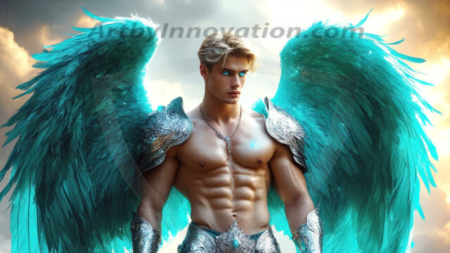 Male Angels of the Holy Divine - The Mighty & The Powerful: AI Fantasy Photos of Handsome Male Angels in Elegant Divine Armor, living in the golden city, with Vibrant Holy Wings. AI generated fantasy photos, of handsome male warrior angels, in divine armor with vibrant holy wings. Wearing ethereal or plate holy armor, and glistening golden gilded jewelry, emphasizing his god-like stature, vibrantly colored. Possessing grand feathered wings, that look like swords, these angel warriors are ready to battle on God's command. With men of all ages, races, and body types. In a city of gold, spiritual wonder city in the heavens, with ornate gold buildings, majestic gold architecture, ethereal cityscapes, and mystical waterfalls.