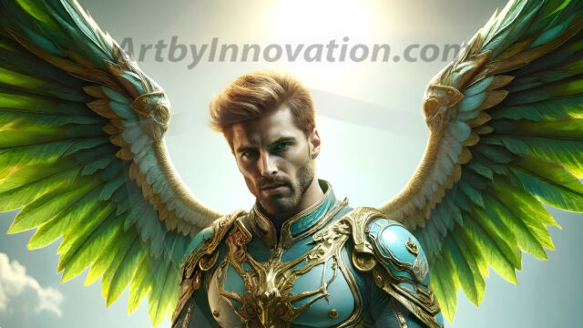 Male Angels of the Holy Divine - The Mighty & The Powerful: AI Fantasy Photos of Handsome Male Angels in Elegant Divine Armor, living in the golden city, with Vibrant Holy Wings. AI generated fantasy photos, of handsome male warrior angels, in divine armor with vibrant holy wings. Wearing ethereal or plate holy armor, and glistening golden gilded jewelry, emphasizing his god-like stature, vibrantly colored. Possessing grand feathered wings, that look like swords, these angel warriors are ready to battle on God's command. With men of all ages, races, and body types. In a city of gold, spiritual wonder city in the heavens, with ornate gold buildings, majestic gold architecture, ethereal cityscapes, and mystical waterfalls.