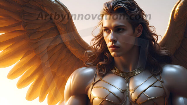 Male Angels of the Holy Divine - The Mighty & The Powerful: AI Fantasy Photos of Handsome Male Angels in Elegant Divine Armor, living in the golden city, with Vibrant Holy Wings. AI generated fantasy photos, of handsome male warrior angels, in divine armor with vibrant holy wings. Wearing ethereal or plate holy armor, and glistening golden gilded jewelry, emphasizing his god-like stature, vibrantly colored. Possessing grand feathered wings, that look like swords, these angel warriors are ready to battle on God's command. With men of all ages, races, and body types. In a city of gold, spiritual wonder city in the heavens, with ornate gold buildings, majestic gold architecture, ethereal cityscapes, and mystical waterfalls.