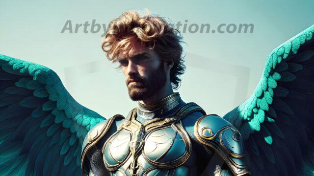 Male Angels of the Holy Divine - The Mighty & The Powerful: AI Fantasy Photos of Handsome Male Angels in Elegant Divine Armor, living in the golden city, with Vibrant Holy Wings. AI generated fantasy photos, of handsome male warrior angels, in divine armor with vibrant holy wings. Wearing ethereal or plate holy armor, and glistening golden gilded jewelry, emphasizing his god-like stature, vibrantly colored. Possessing grand feathered wings, that look like swords, these angel warriors are ready to battle on God's command. With men of all ages, races, and body types. In a city of gold, spiritual wonder city in the heavens, with ornate gold buildings, majestic gold architecture, ethereal cityscapes, and mystical waterfalls.