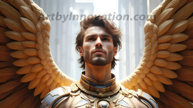 Male Angels of the Holy Divine - The Mighty & The Powerful: AI Fantasy Photos of Handsome Male Angels in Elegant Divine Armor, living in the golden city, with Vibrant Holy Wings. AI generated fantasy photos, of handsome male warrior angels, in divine armor with vibrant holy wings. Wearing ethereal or plate holy armor, and glistening golden gilded jewelry, emphasizing his god-like stature, vibrantly colored. Possessing grand feathered wings, that look like swords, these angel warriors are ready to battle on God's command. With men of all ages, races, and body types. In a city of gold, spiritual wonder city in the heavens, with ornate gold buildings, majestic gold architecture, ethereal cityscapes, and mystical waterfalls.