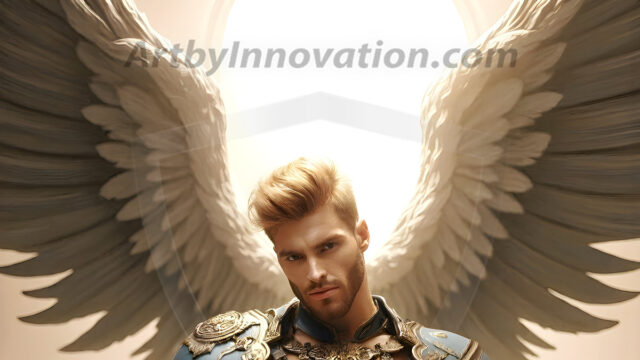 Male Angels of the Holy Divine - The Mighty & The Powerful: AI Fantasy Photos of Handsome Male Angels in Elegant Divine Armor, living in the golden city, with Vibrant Holy Wings. AI generated fantasy photos, of handsome male warrior angels, in divine armor with vibrant holy wings. Wearing ethereal or plate holy armor, and glistening golden gilded jewelry, emphasizing his god-like stature, vibrantly colored. Possessing grand feathered wings, that look like swords, these angel warriors are ready to battle on God's command. With men of all ages, races, and body types. In a city of gold, spiritual wonder city in the heavens, with ornate gold buildings, majestic gold architecture, ethereal cityscapes, and mystical waterfalls.
